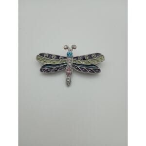 Vintage AAi Dragonfly Brooch Silver Tone Green Black Rhinestones